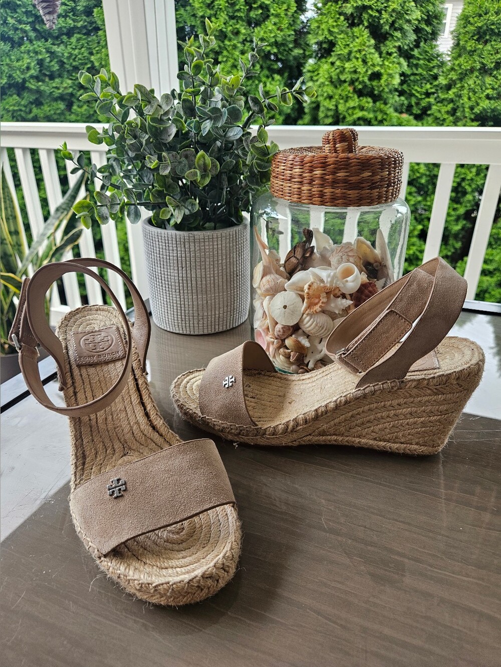 Tory Burch Taupe Suede Espadrille Wedge Sandals Size 9